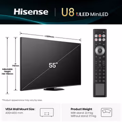 Hisense 55U8QTUK TV 139.7 cm (55") 4K Ultra HD Smart TV Wi-Fi Black, Grey 700 cd/m²