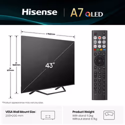 Hisense 43A7QTUK TV 109.2 cm (43") 4K Ultra HD Smart TV Wi-Fi Black 300 cd/m²