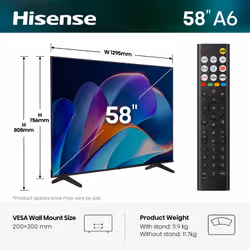 Hisense 58A6STUK TV 147.3 cm (58") 4K Ultra HD Smart TV Wi-Fi Black - Additional view 2