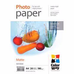 Photo paper ColorWay matte 190 g/m². A4. 20 sht (PM190020A4)Matte paper ColorWay for inkjet printing. Paper has a high bright ...