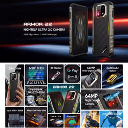 Ulefone Armor 22 Rugged Android 13 Mobile Phone 8GB 256GB Global Smartphone 6600mAh - Black