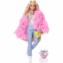 Barbie Extra Doll Fluffy Pink Jacket Coat & Unicorn Pig Pet New Kids Toy Mattel