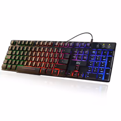 Rii RK100+ 7 Color Rainbow LED Backlit Mechanical Feeling USB Wired Gaming Keyboard Black UK Layout