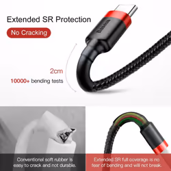 Baseus Cafule USB C Fast Charger Cable 3A Charging - Black+Red, 0.5m