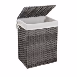Songmics Gray Handwoven Laundry Basket, 90 L, Rectangular, Cotton, Iron, Plastic, Grey, Grey, Plastic