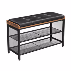 Vasagle Padded Shoe Bench, Freestanding, Metal, Particle board, Black, Brown, Hallway, Wardrobe, 90 kg, 3 shelves