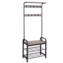 Vasagle Coat Rack With Shoe Storage, Floorstanding, Steel, 9 hook(s), Black, Wood, Adults
