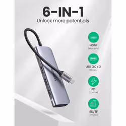 Ugreen 6-in-1 USB C PD USB 3.2 Gen 1 (3.1 Gen 1) Type-C Silver