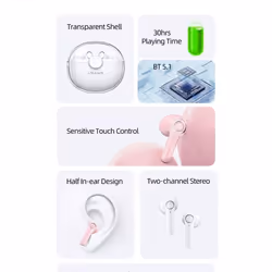 USAMS Bluetooth Headphone 5.1 Wireless TWS Earphone Touch Control Earbuds Waterproof Sport Headsets Noise Reduction Wi - pink, Bluetooth Headphone 5.1