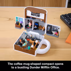 Polly Pocket x The Office Compact Playset 6 Character Dolls and 9 Accessories, Collectible Partnership Toy, Coffee Mug Exterior, JCC19