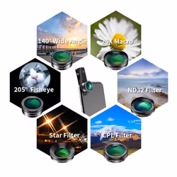 APEXEL Universal 6 In 1 Phone Camera Lens Kit Fish Eye Lens Wide Angle Macro Lens CPL/StarND32 Filter for Almost All Smartphones