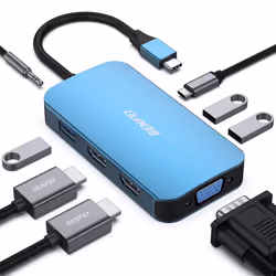 USB C MST HUB 8in1 with USB-C to 2*HDMI/1*VGA, to 3*USB 3.0/100W Power Delivery/3.5mm Aux Audio, Compatible with iPhone 15 Pr ...