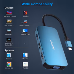 USB C MST HUB 8in1 with USB-C to 2*HDMI/1*VGA, to 3*USB 3.0/100W Power Delivery/3.5mm Aux Audio, Compatible with iPhone 15 Pro/Max, MacBook Pro
