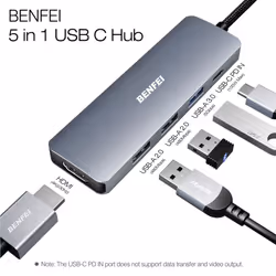 5in1 USB C Hub with 4K HDMI, 3 USB-A, 100W Power Delivery, Silicone and Woven Design Cable, Aluminum Case Compatible with MacBook Pro/Air, iPad Pro,