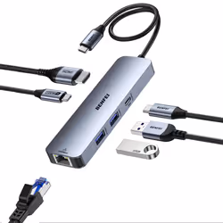 6-in-1 USB C Hub with HDMI(4K@60Hz), 2 USB-A, 1 USB-C Data, 100W Charge, Gigabit Ethernet, Silicone Tangle-Free Cable Compati ...