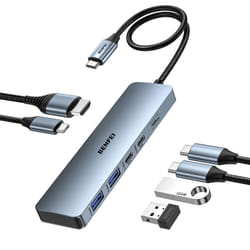 USB C HUB 6-in-1 with HDMI(4K@60Hz), 100W Power Delivery, 10Gbps 2*USB-A and 2*USB-C, Silicone Cable, Aluminum Case Compatible with iPhone 15 Pro/Max,