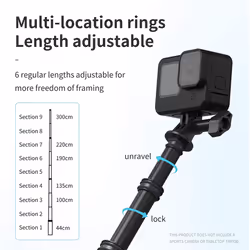 TELESIN 3M/118 Long Carbon Fiber Handheld Selfie Stick Extendable Pole Monopod for GoPro Max Hero 9 8 7 6 5 Black DJI OSMO Action Camera Insta 360 One