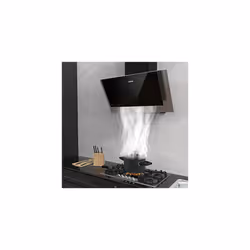 CBCB6736C Angled Cooker Hood 60cm with CBCF002X2 Carbon Filters Recirculating Ducting LED Lights Black PaintingTempered Glass Wall Mounted Range Hood
