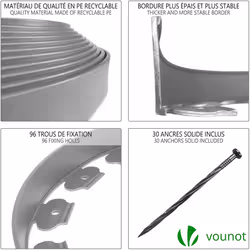 VOUNOT Plastic Garden Edging, Flexible 20m Lawn Edging with 60 Strong Securing Pegs, Grey