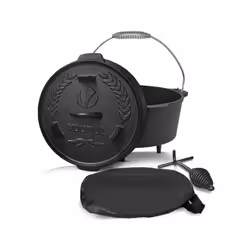 VOUNOT Dutch Oven 9 Liters, Pre-Seasoned, Cast Iron Fire Pot with Carry Bag, Feet, Lid Lifter, Spiral Handle