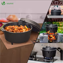 VOUNOT Dutch Oven 9 Liters, Pre-Seasoned, Cast Iron Fire Pot with Carry Bag, Feet,  Lid Lifter, Spiral Handle