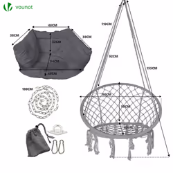 VOUNOT Hanging Chair with Cushion, Macrame Hammock Swing Chair for Bedroom, Balcony, Patio, Garden, 265LBS Capacity, Grey - Additional view 4