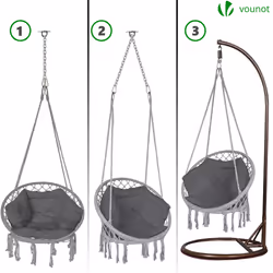 VOUNOT Hanging Chair with Cushion, Macrame Hammock Swing Chair for Bedroom, Balcony, Patio, Garden, 265LBS Capacity, Grey - Additional view 5