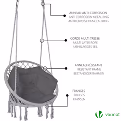 VOUNOT Hanging Chair with Cushion, Macrame Hammock Swing Chair for Bedroom, Balcony, Patio, Garden, 265LBS Capacity, Grey - Additional view 7