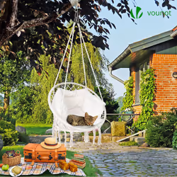 VOUNOT Hanging Chair with Cushion, Macrame Hammock Swing Chair for Bedroom, Balcony, Patio, Garden, 265LBS Capacity, Beige