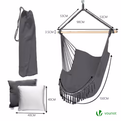VOUNOTÂ HangingÂ HammockÂ ChairÂ withÂ Cushions,Â MacrameÂ HammockÂ SwingÂ ChairÂ forÂ Garden,Â Bedroom,Â Patio,Â 265LBSÂ Capacity, Grey - Additional view 4