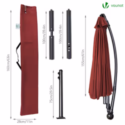 VOUNOT 3m Cantilever Shanghai Parasol, Banana Garden Patio Umbrella with Crank Handle for Outdoor Sun Shade, Red - Additional view 7