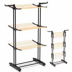 VOUNOT Foldable 3 Tier Clothes Airer, Hang Clothes Dryer, 3 Levels Drying Rack with Wheels,  Wooden Style