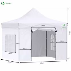VOUNOT 3x3m Heavy Duty Gazebo with 4 Sides, Pop up Gazebo Fully Waterproof Party Tent with Roller Bag and Leg Weights, White