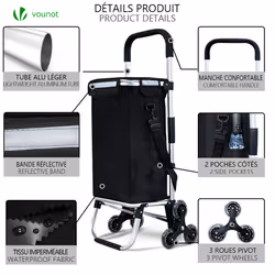 VOUNOT Folding Shopping Trolley on 6 Wheels, Aluminium Lightweight Shopping Cart with Insulated Cooling Bag, 50L, Black