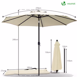 VOUNOT 2.7m Garden Parasol, Sunshade Patio Outdoor Tilting Umbrella with Crank Handle and Cover, Beige - Additional view 5
