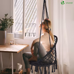 VOUNOT Swing Chair with Round Seat Cushion, Macrame Hammock Hanging Chair for Indoor, Outdoor, Black