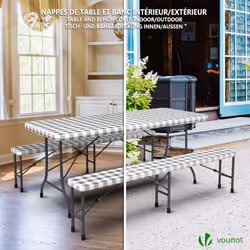 VOUNOT Set of 3 Picnic Bench Covers Elastic Outdoor Picnic Waterproof Tablecloth Grey-White Checked