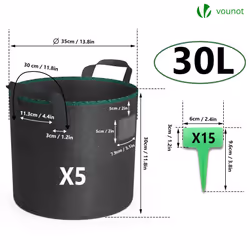VOUNOT 5 Pack Plant Grow Bags 30L Vegetable Growing Container with Handles, Plant labels