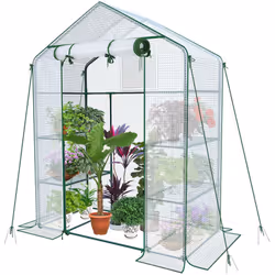 VOUNOT Walk In Greenhouse with Shelves, Roll up Zip Panel Door Garden Plastic Polytunnels Grow House, White 143x73x195cm