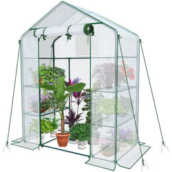 VOUNOT Walk In Greenhouse with Shelves, Roll up Zip Panel Door Garden Plastic Polytunnels Grow House, White 143x73x195cm