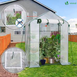 VOUNOT Walk In Greenhouse with Shelves, Roll up Zip Panel Door Garden Plastic Polytunnels Grow House, White 143x73x195cm