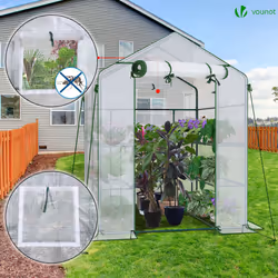 VOUNOT Walk In Greenhouse with Shelves, Roll up Zip Panel Door Garden Plastic Polytunnels Grow House, White 143x143x195cm