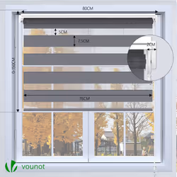 VOUNOT Set of 2 Zebra Roller Blind Double Fabric, Day and Night Translucent or Blackout Vision Curtains, Grey, 80 x 150 cm - Additional view 4