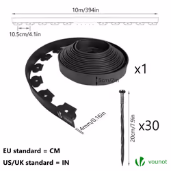 VOUNOT Plastic Garden Edging, Flexible Lawn Edging with 30 Pegs, Black 10m
