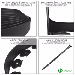 VOUNOT Plastic Garden Edging, Flexible Lawn Edging with 60 Pegs, Black 20m