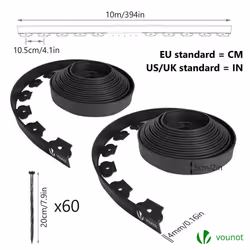 VOUNOT Plastic Garden Edging, Flexible Lawn Edging with 60 Pegs, Black 20m