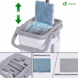 VOUNOT Flat Mop and Bucket set 2-in-1 Hands Free Squeeze with 6 Mop Pads, White