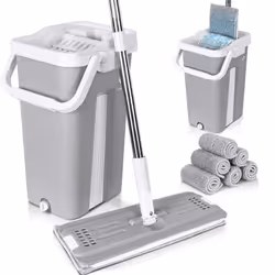 VOUNOT Flat Mop and Bucket set 2-in-1 Hands Free Squeeze with 6 Mop Pads, Grey