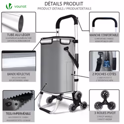 VOUNOT Folding Shopping Trolley on 6 Wheels, Aluminium Lightweight Shopping Cart with Insulated Cooling Bag, 50L Grey
