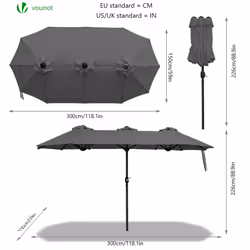VOUNOT 3m Double Garden Parasol Table Umbrella, with Crank Handle Cover Grey - Additional view 2